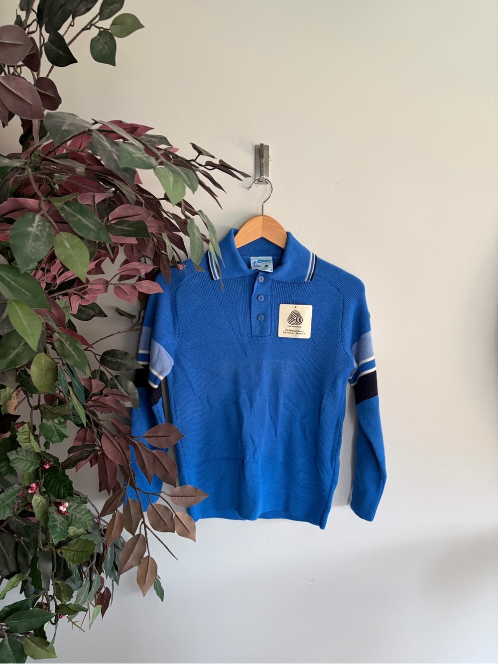 Vtg Olson wool Bright Blue Knit Polo Sweater with Striped Sleeve Detail